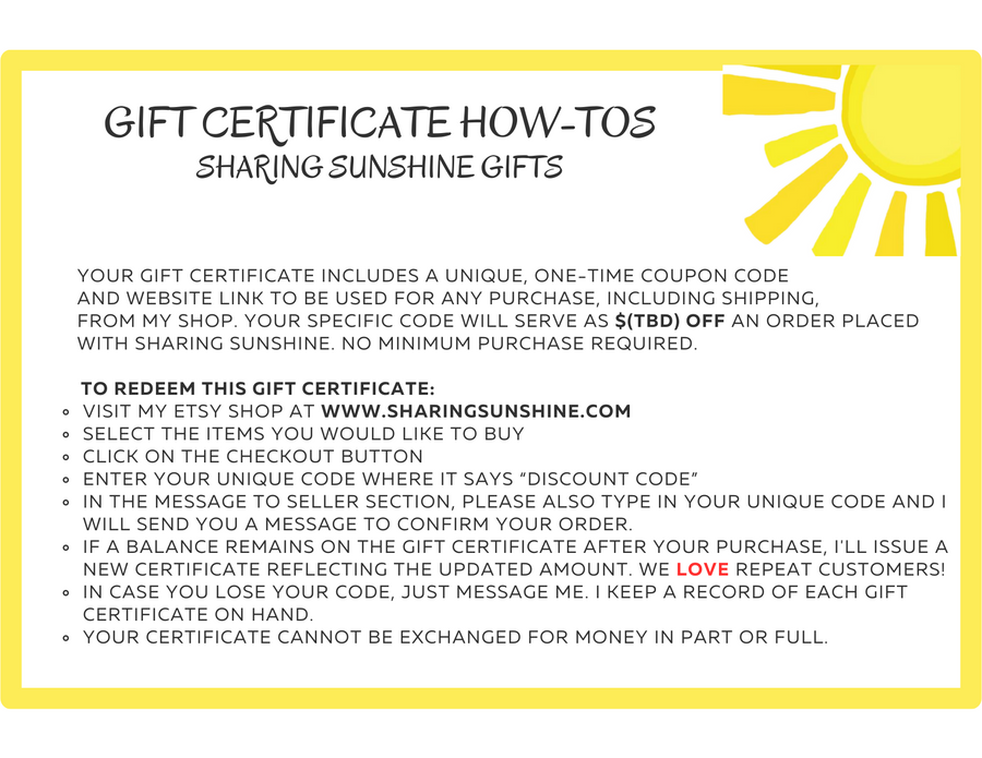 Sharing Sunshine Gift Card / Gift Certificate